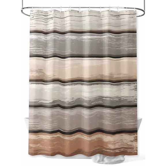 Brown Beige Stripes Shower Curtain Set, Waterproof Shower Curtains for Bathroom, Geometric Painting Neutral Textured Washable Fabric Cloth Bath Curtain for Bathtub Decoration with Hooks 48x72 Inches