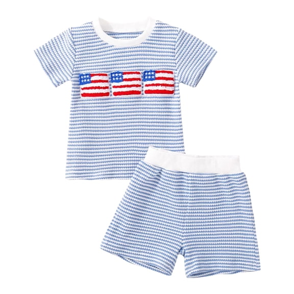 Futezty Toddler Boys Clothes Summer Outfit Sets, Toddler Baby Boy 4th of July Outfit 6 12 18 24 Months 2T 3T 4T Flag Embroidery Striped Crew Neck Short Sleeve T-Shirt and Shorts Set