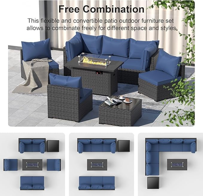 8 Piece Patio Furniture Set with 42" Propane Gas Fire Pit Table with Coffee Table,Blue
