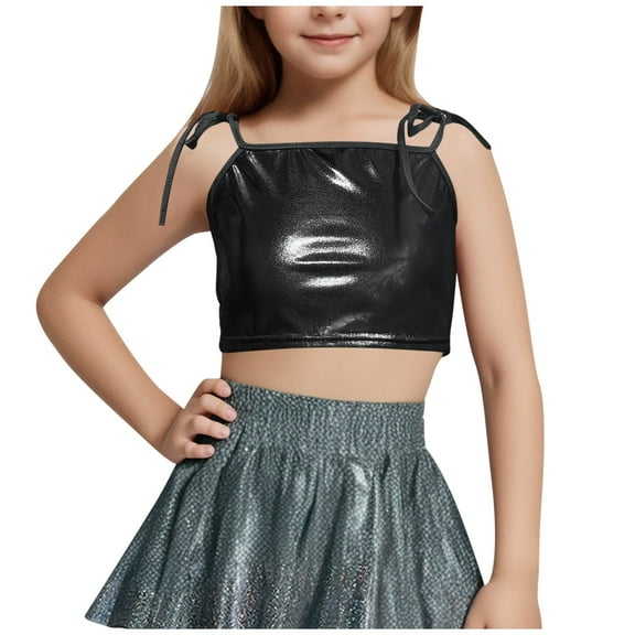 AUNVITO Girls Shiny Metallic Tank Top Sleeveless Crewneck Cute Crop Tops Festival Party Cropped Tee Shirts