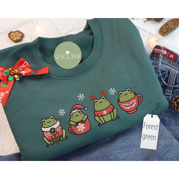 Cute Frog Christmas Tree Embroidered Sweatshirt, Christmas Animal Sweater, Xmas Frog Crewneck, Woman Holiday Shirt, Frog Lover Shirt