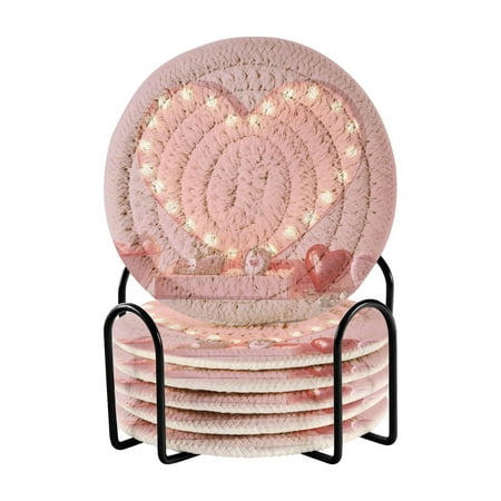 

6-Pack Coiled Coasters Set with Storage Rack Heat-Resistant for Home Office or Gift Pink Heart-shaped Light Box (3.94in Diameter)