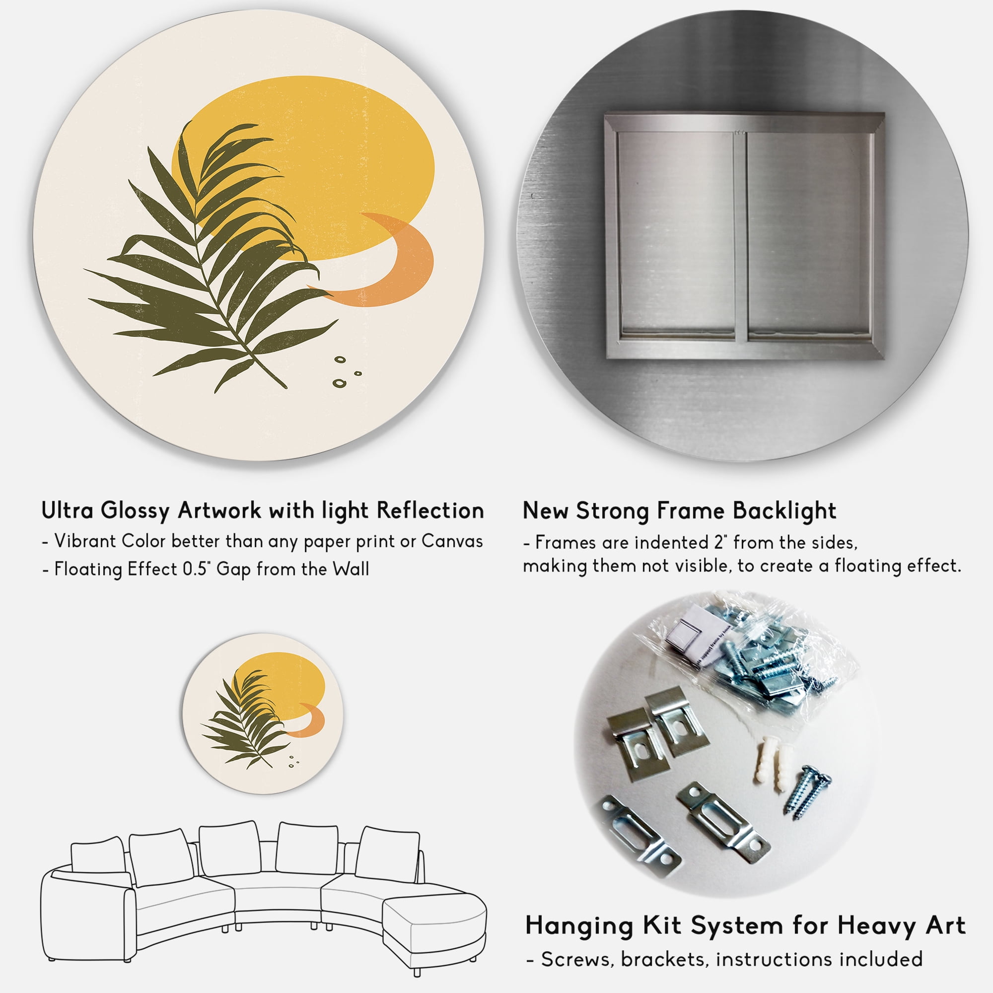 Designart 'Abstract Moon and Yellow Sun With Tropical Leaf I' Modern Circle Metal Wall Art 29x29 - Disc of 29