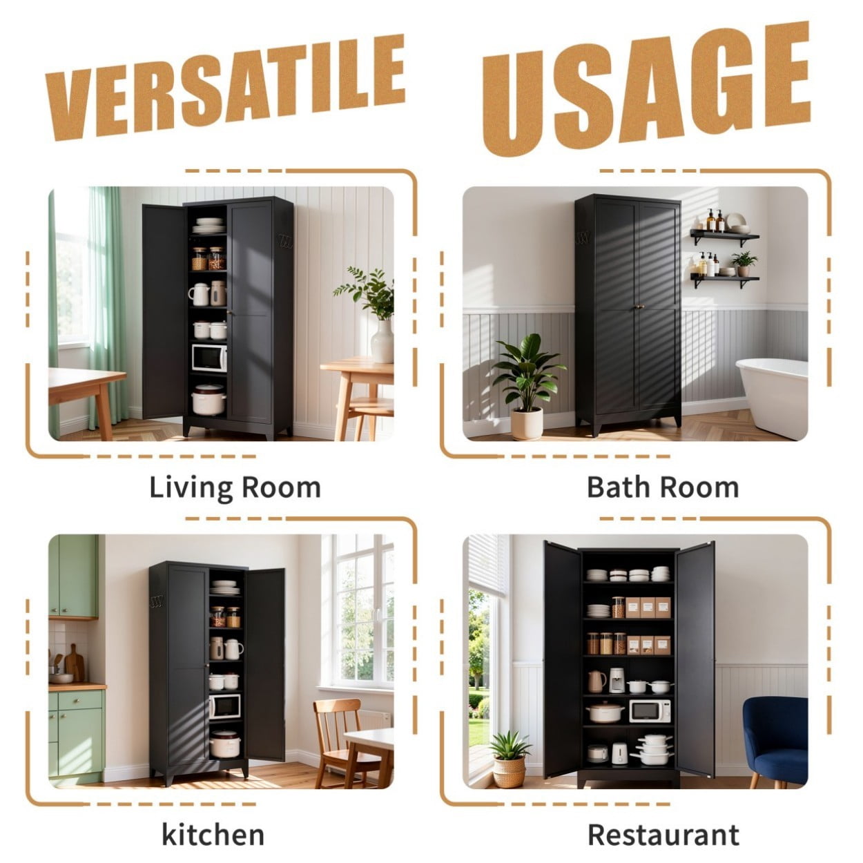 75" Metal Kitchen Pantry Cabinet with Doors, Heavy Duty Freestanding Storage Organizer, 5 Adjustable Shelves, 180 LBS Capacity Steel Cabinet for Kitchen Dining Room Pantry, Black