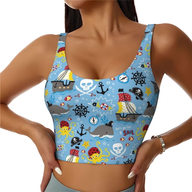 Balery Pirate Marine Animals Sujetadores deportivos con espalda cruzada para mujer, acolchados, sin costuras, de alto impacto, ideales para yoga, gimnasio, entrenamiento y fitness.-XX-Large