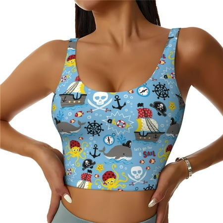 Jgfou Pirate Marine Animals Print Womens Sports Bra - Padded Workout Sports Bras Crop Tank Top