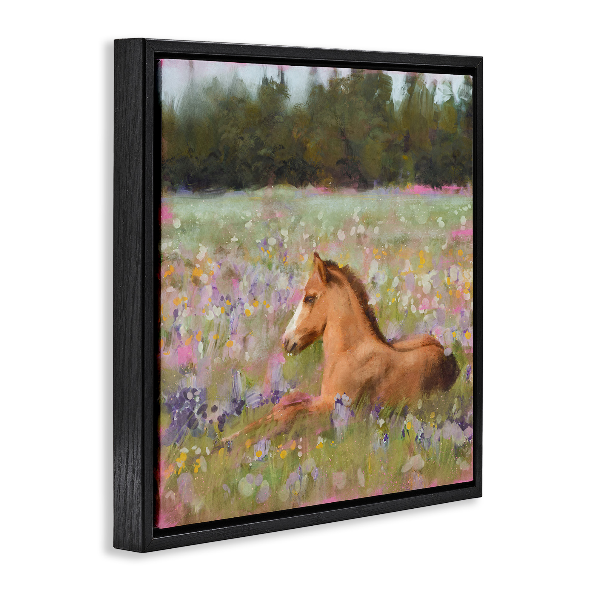 Stupell Industries Foal Horse Lounging Flower Meadow Animals & Insects Painting Black Floater Framed Canvas Art Print Wall Art, 25 x 25