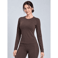 thumbnail image 5 of Women's 2-Piece Workout Set, Raglan Long Sleeve Top and High-Waisted Leggings with Pockets, Coffee Brown, S, 5 of 7