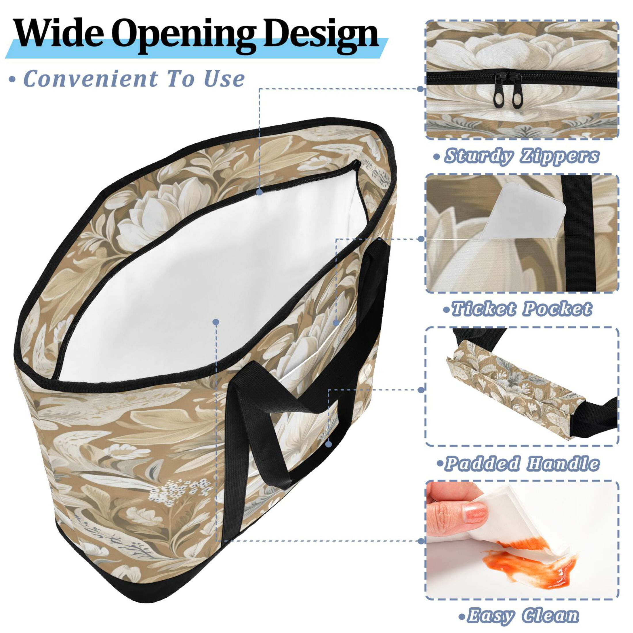 Large Hand-held Ice Pack Picnic Bag Insulation and Refrigeration Suitable for Shopping Picnics and Camping Beautiful Brown Flower