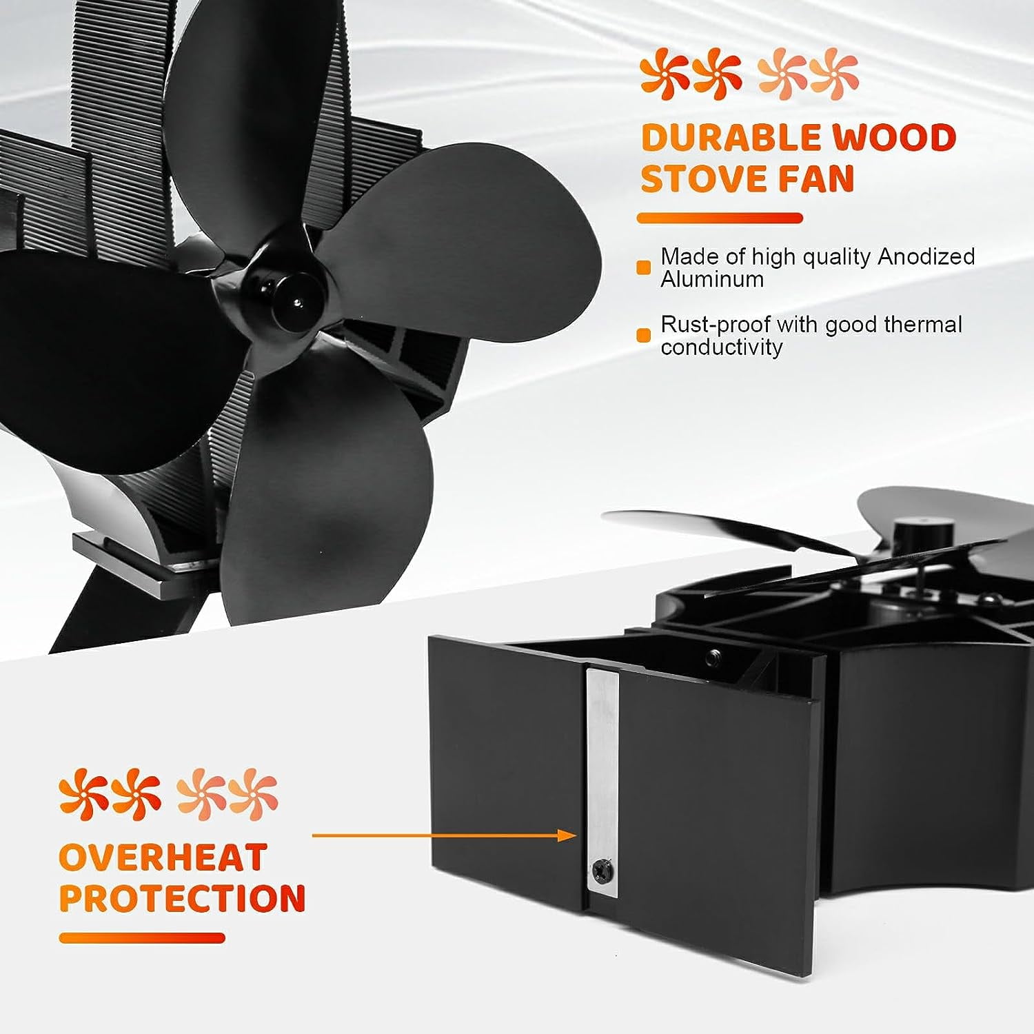 Hanaoyo Wood Stove Fan for Buddy Heater, Heat Powered Stove Fan Slot Lock Design with Bracket for Heaters, Thermal Fireplace Fan Non Electric for