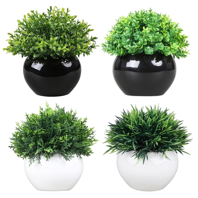 Realistic Artificial Potted Plants Set of 4 – Lifelike Faux Greenery in Elegant White Ceramic Pots – Perfect Indoor Home Décor for Bedroom, Living Room, Office, Bathroom – Tabletop Display