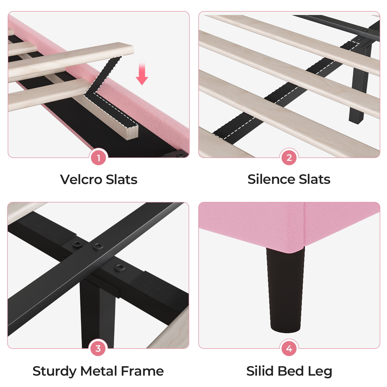 Twin Size Girl Bed Frame with LED Lights, Princess Bed with Adjustable Headboard, Twin Bed Velvet Upholstered Platform Bed with Princess Crown, Solid Wood Slats Support,Pink