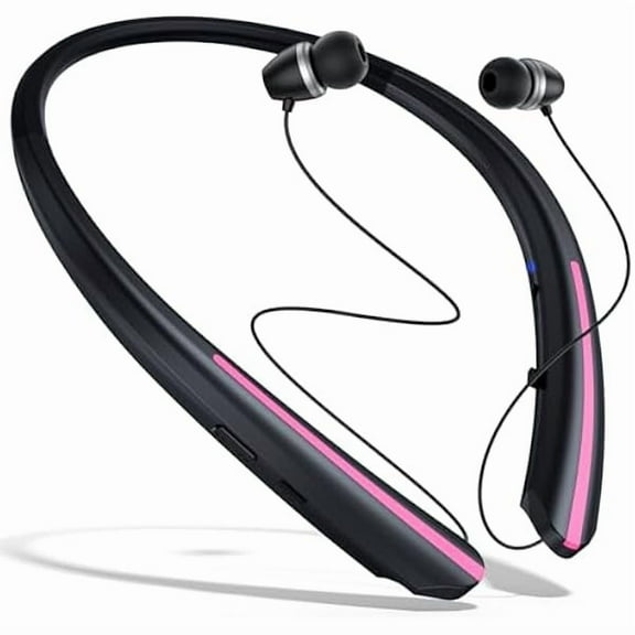 Neckband Bluetooth Headphones, Retractable Headset Wireless Earbuds with Mic, Stereo Noise Cancelling Earphones for Workout Sports Running Driving, Vibration Call, IPX5 Sweatproof (Black Pink)