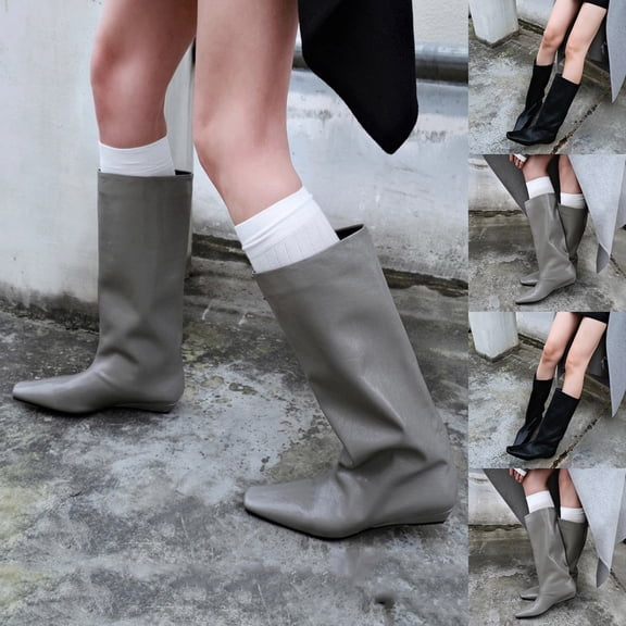 Woman Boots Flat Heel Square Toe Mid Calf Booties Fashion Casual Solid Color Comfortable Fall Winter Warm Shoes for Women Black 7