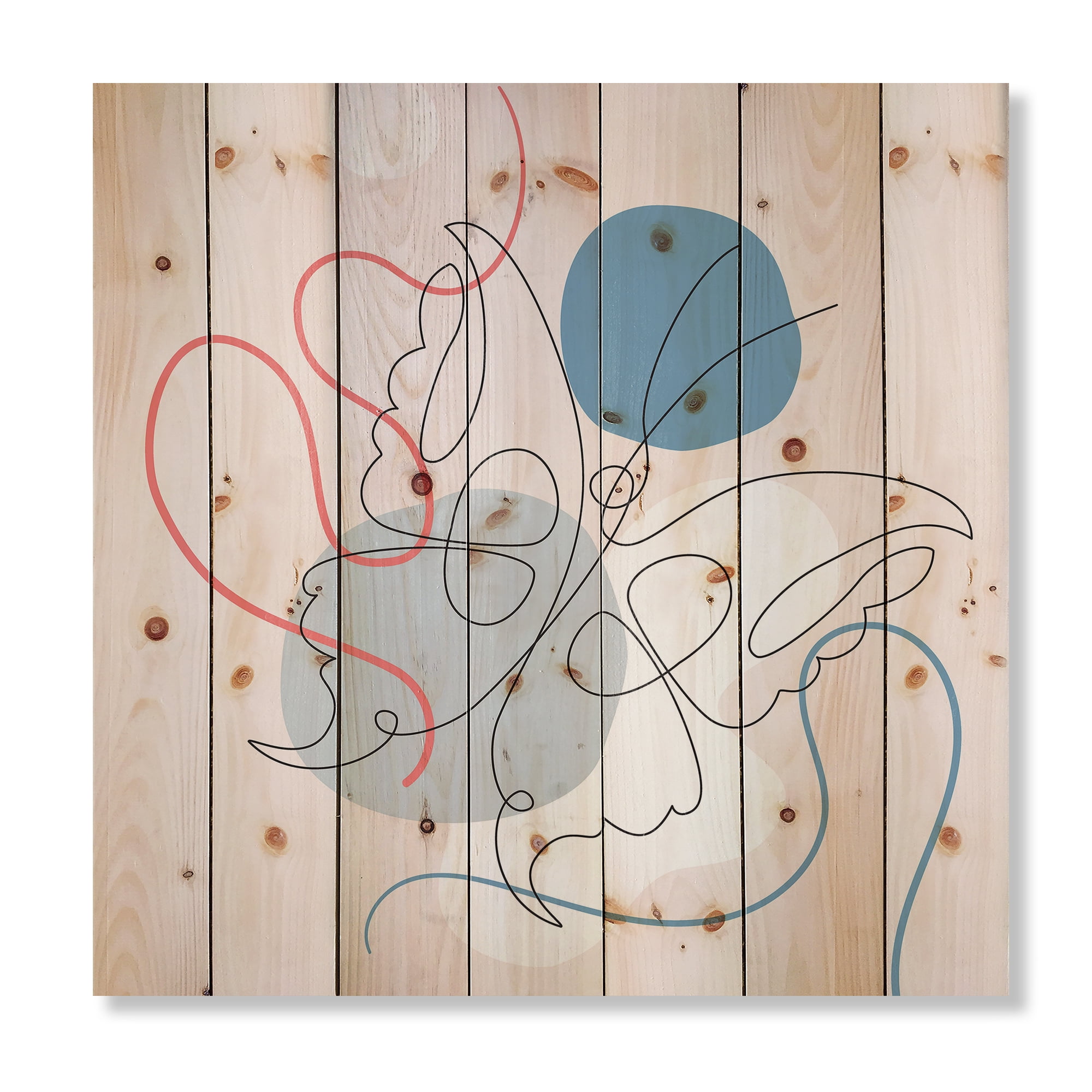 Designart 'Butterfly With One Line Drawing On Cubism Shapes I' Modern Print on Natural Pine Wood
