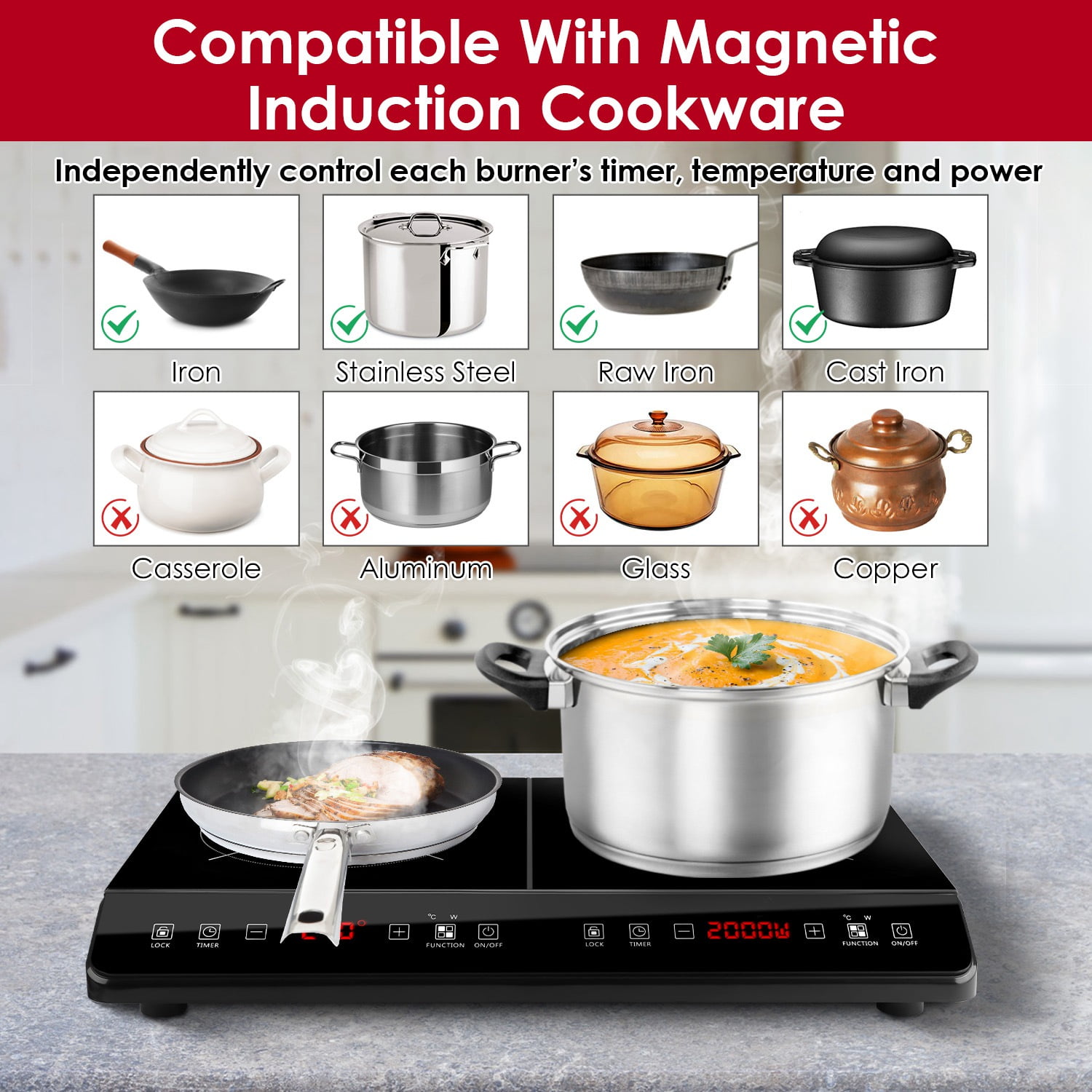 TeqHome Double Induction Cooktop 4000W Portable Induction Countertop with 9 Power Levels 9 Temperature Settiings From 176℉ to 518℉ Smart Timer 0-3H and Safety Lock Black