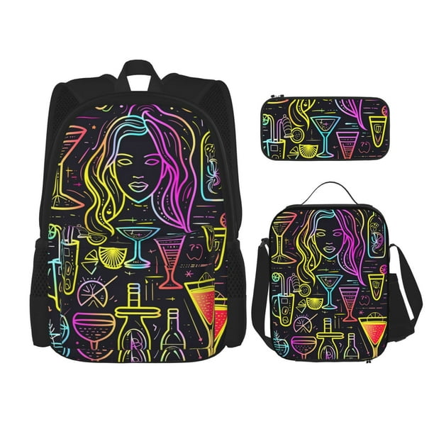 Disketp Neon Bar Drinks Mochila Estampada de Gran Capacidad con Lonchera y Estuche, Set de 3 Piezas para Estudiantes