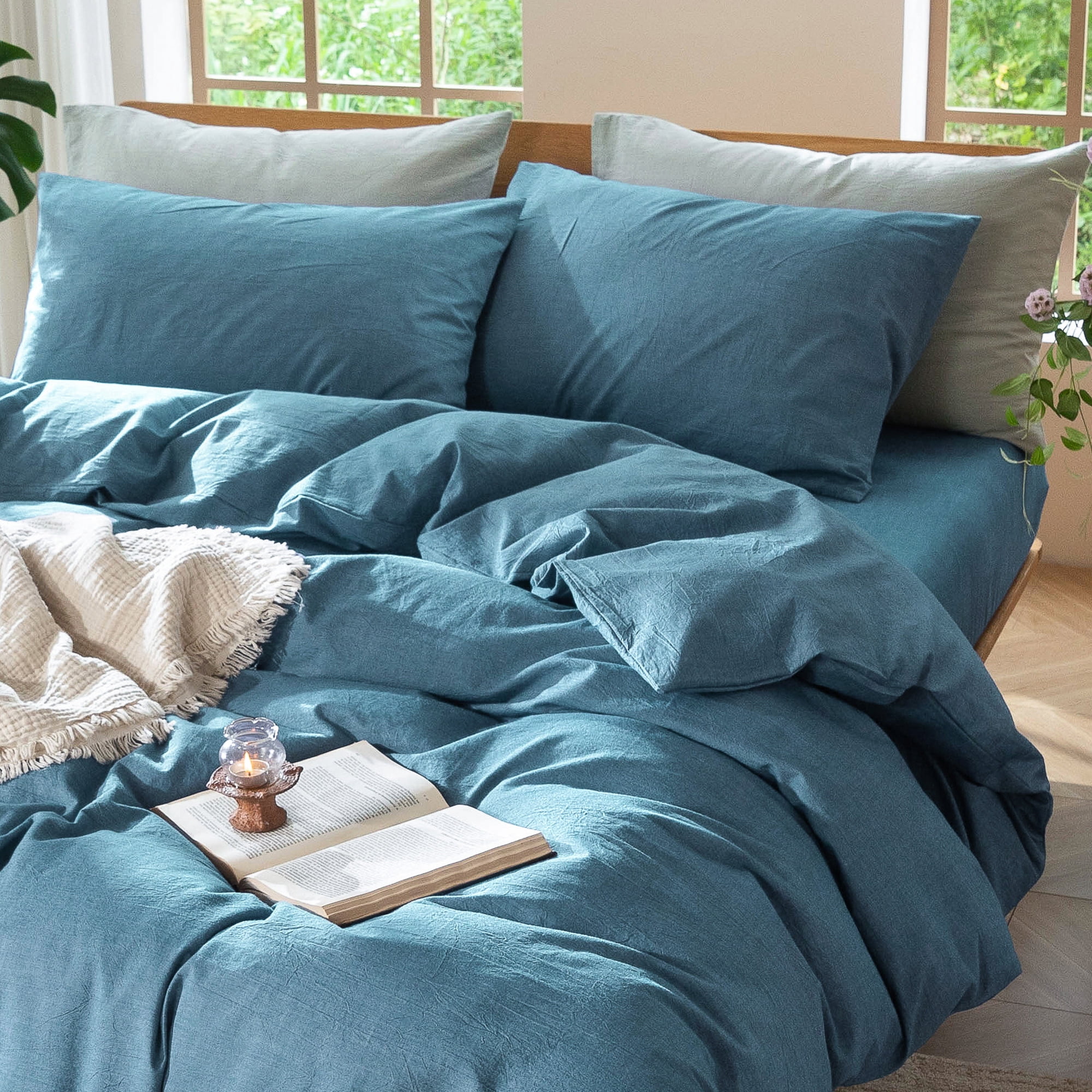 MooMee Duvet Cover Set Full 100% Washed Cotton Linen Like Textured Breathable Lightweight 3-Piece (Peacock Blue, 80"x90")