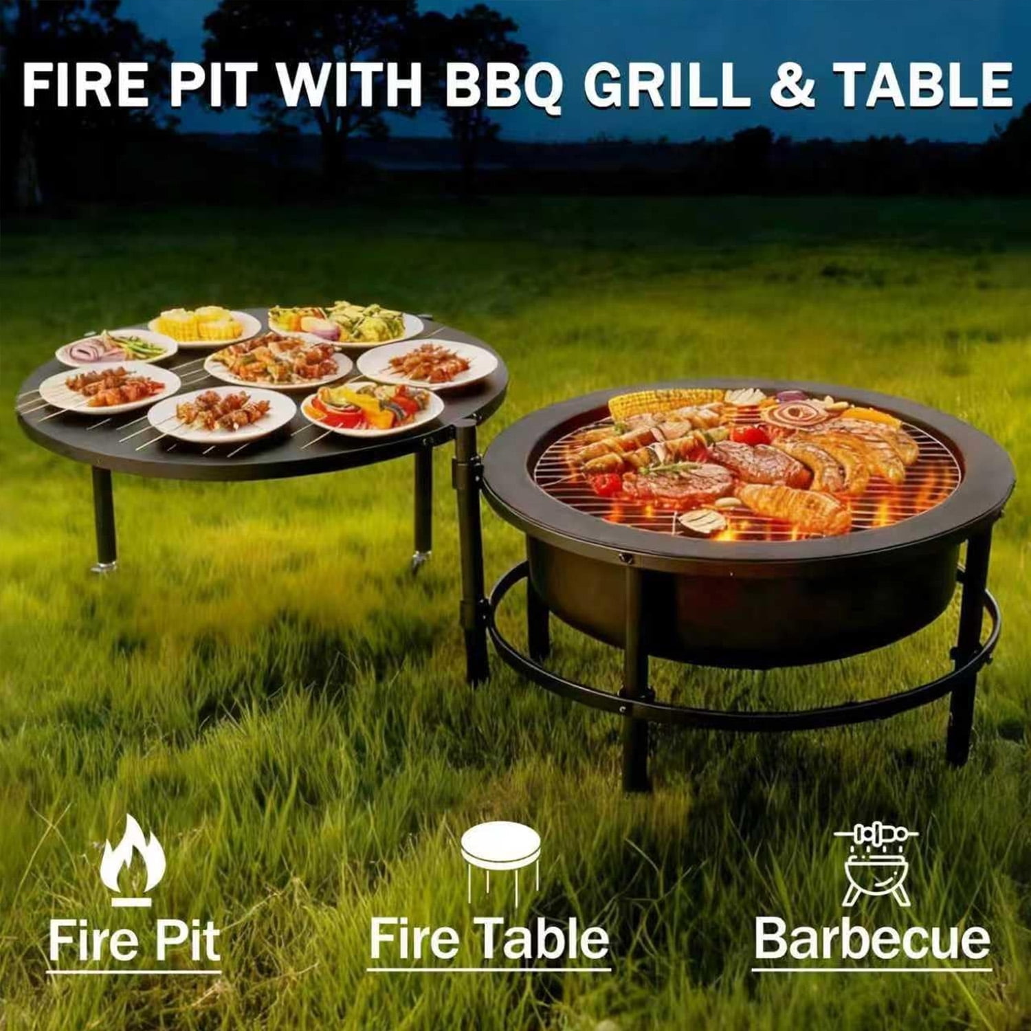 3-in-1 Fire Pits for Outside, 54" Wood Burning Fire Pit Tables, Cold-Rolled Steel Fire Pit with Poker, BBQ Net, Grill Brush and Cover, Backyard Patio Garden Outdoor Fire Pit/BBQ Fire Pit, Black