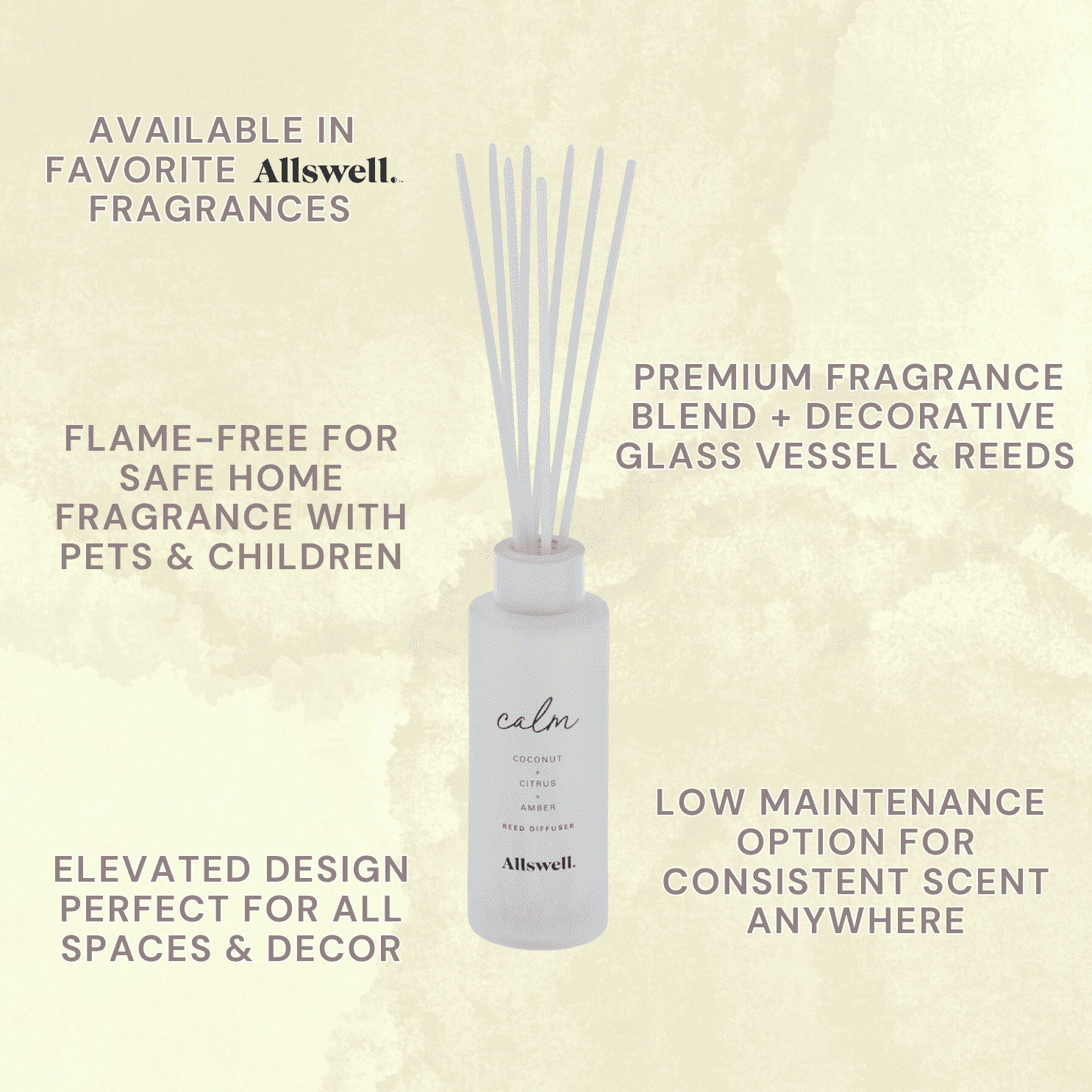 Allswell Calm (Coconut + Citrus + Amber) Scented Reed Diffuser 3 Fl Oz (90mL) With 8 Synthetic Reeds.
