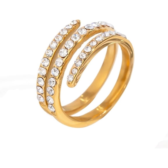 Cubic Zirconia Spiral Ring for Women 18K Gold Plated Stainless Steel Twist Band Stackable Statement Eternity Ring Hypoallergenic Cocktail Party Jewelry Size 7 Comfort Fit