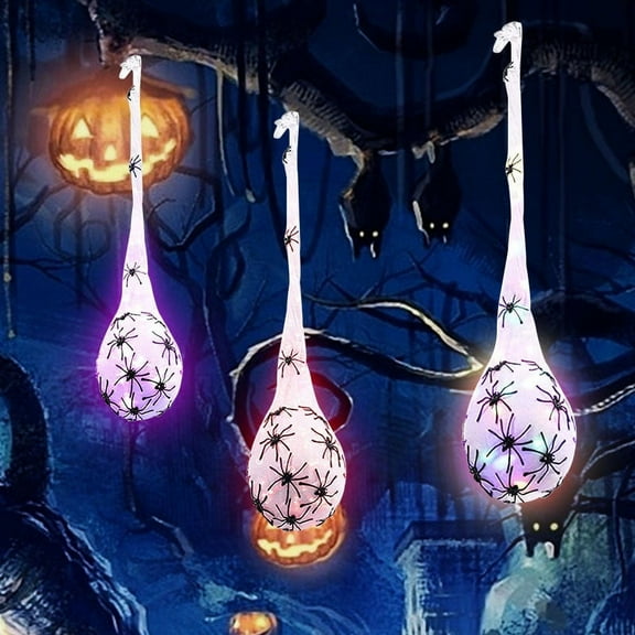 LHNFT 3 Pack Hanging Halloween Decorations Outdoor Giant Spider Egg, Light Up Spider Webs with Purple LED Lights, Waterproof for Halloween Props Party Gifts, Yard Garden Tree House Decor