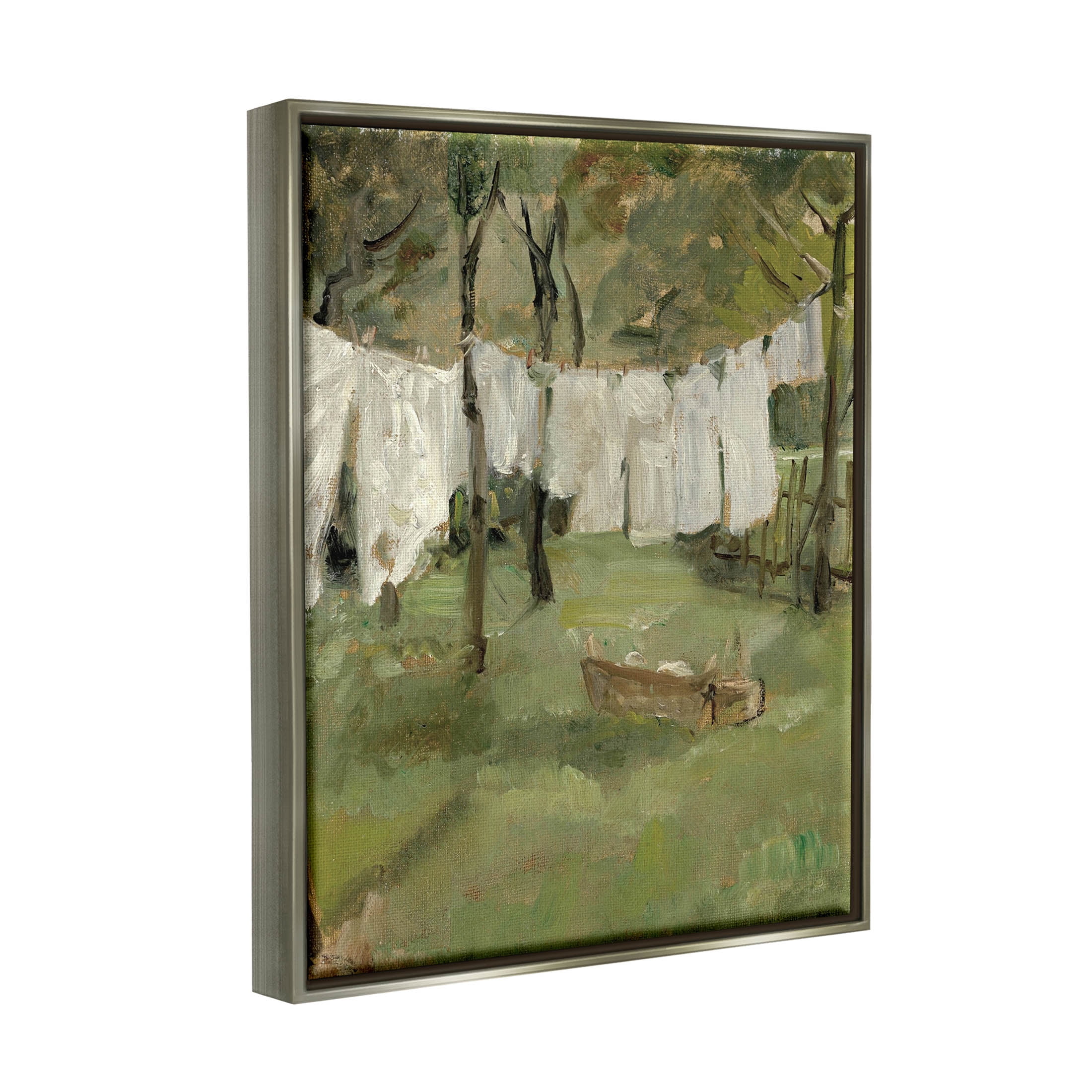 Classic Clothesline Yard Scene Landscape Painting Luster Gray Framed Art Print Wall Art