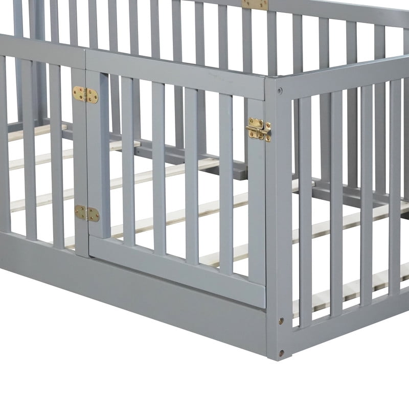 Mirightone Rubber Wood Twin Bed Frame with High Rails and Door, Montessori Floor Bed Twin with 6 Slats, No Box Spring Needed, Grey