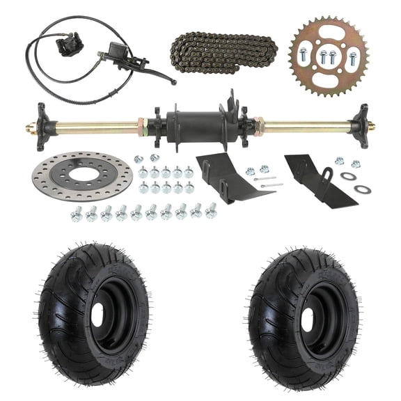 28" Rear Axle Kit with Hand Brake Assembly, 420 37T Chain Sprocket, Brake Disc, 3 Stud Wheel Hubs, 6" Wheels Tires for 70cc 110cc 125cc 150cc ATV Quad Buggy 4 Wheelers Go Kart Replacement Kit