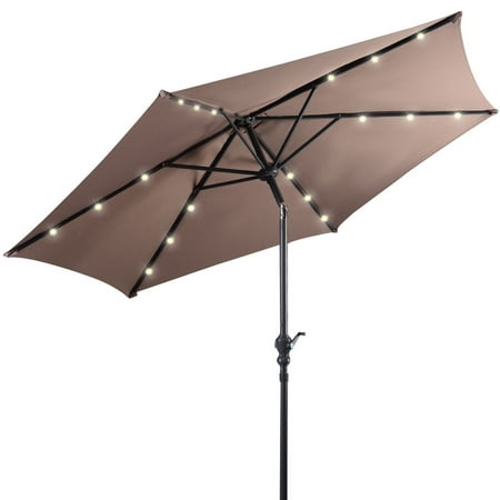 9' Auto Tilt Market Umbrella - Costway 9ft Patio Solar Umbrella LED Patio Market Steel Tilt w/ Crank Outdoor (Tan)