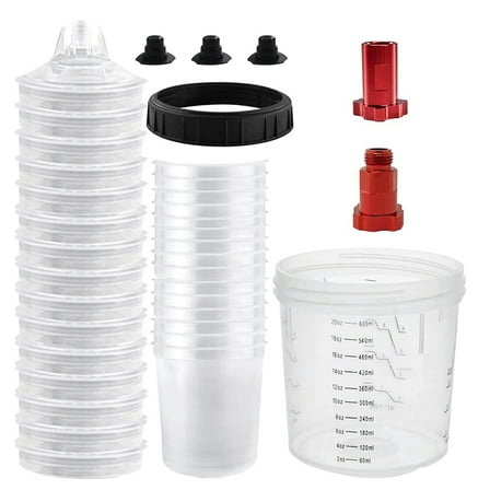 Paint Cups for Automotive Paint, HVLP Paint Mixing Cups 20 Ounce (600ml) Kit with Retainer Ring,Adapter, Paint Stirrer,1set * paint cups with lids,As Shown