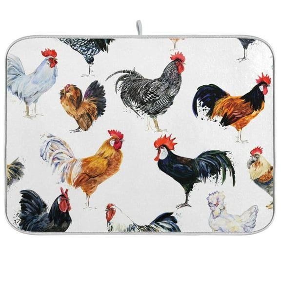 Roosters Pattern Dish Drying Mat Microfiber Kitchen Mats Large Counter Absorbent Dish Pad Drainer Rack 18"x24"