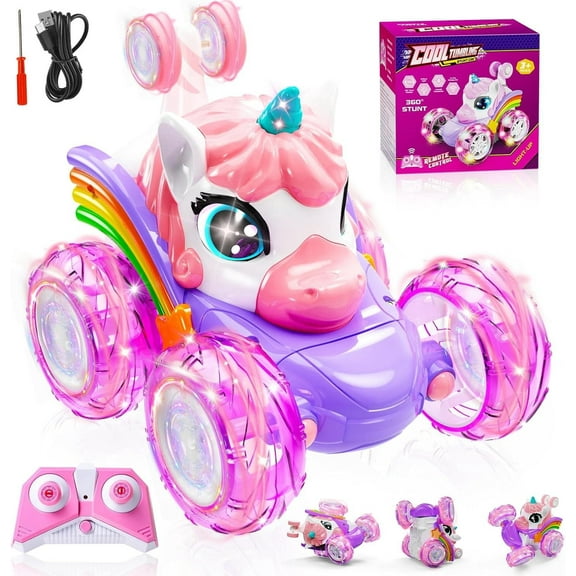 Unicorn Remote Control Car for Girls,360° Rotating RC Stunt Car with LED Lights Car Toys for 6 7 8 9 10 11 12 Girls Birthday Gift