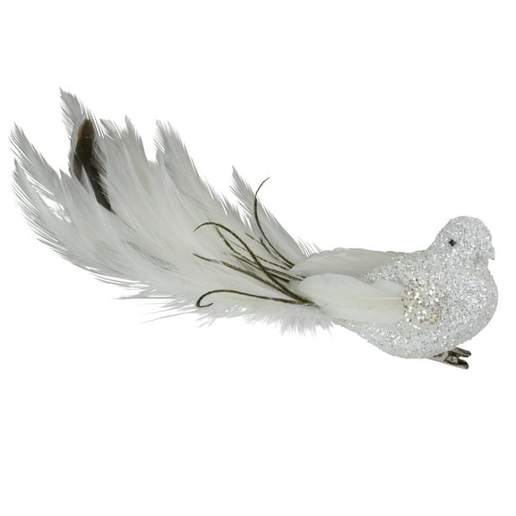 Northlight 8" White and Black Glittered Bird with Feather Tail Christmas Ornament with Clip