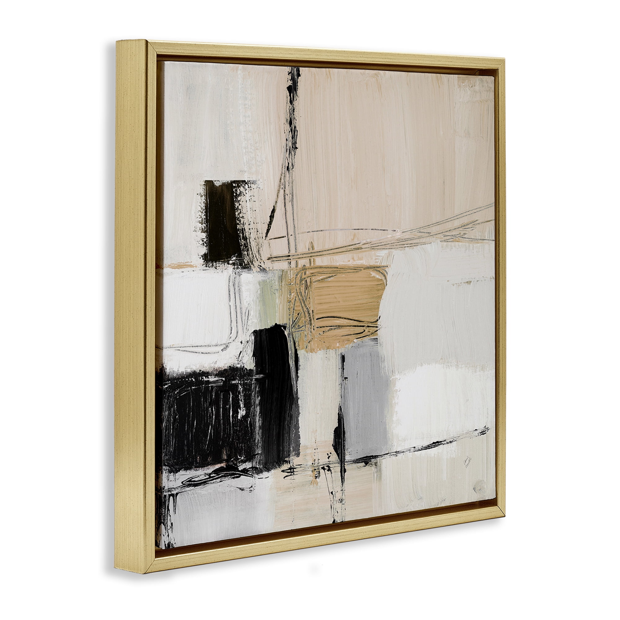 Stupell Industries Beige Black Organic Collage Abstract Painting Gold Floater Framed Canvas Art Print Wall Art, 18 x 18