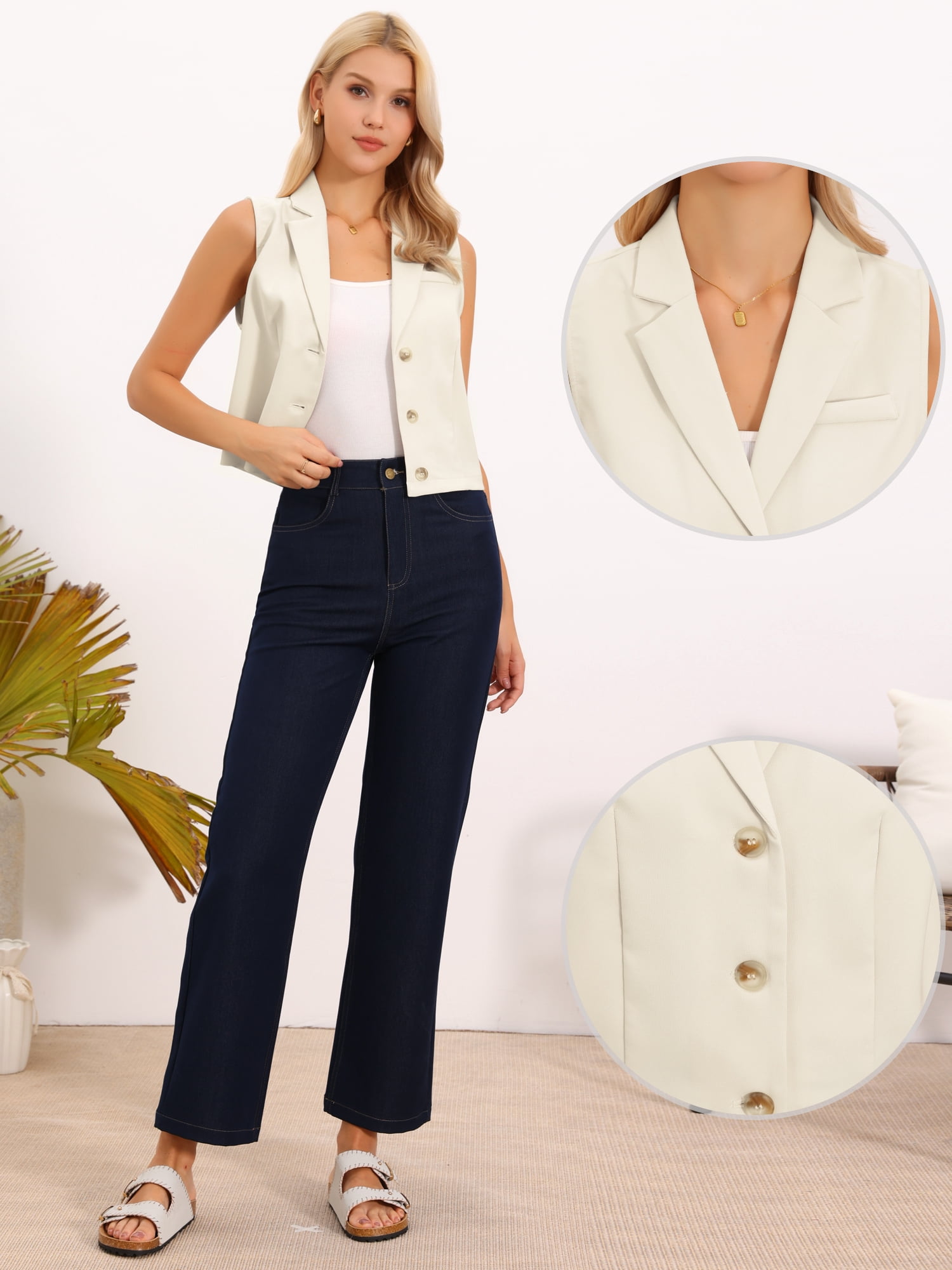 DARING DIVA Women's Trendy Notched Lapel Waistcoat Sleeveless Suit Jacket L Apricot