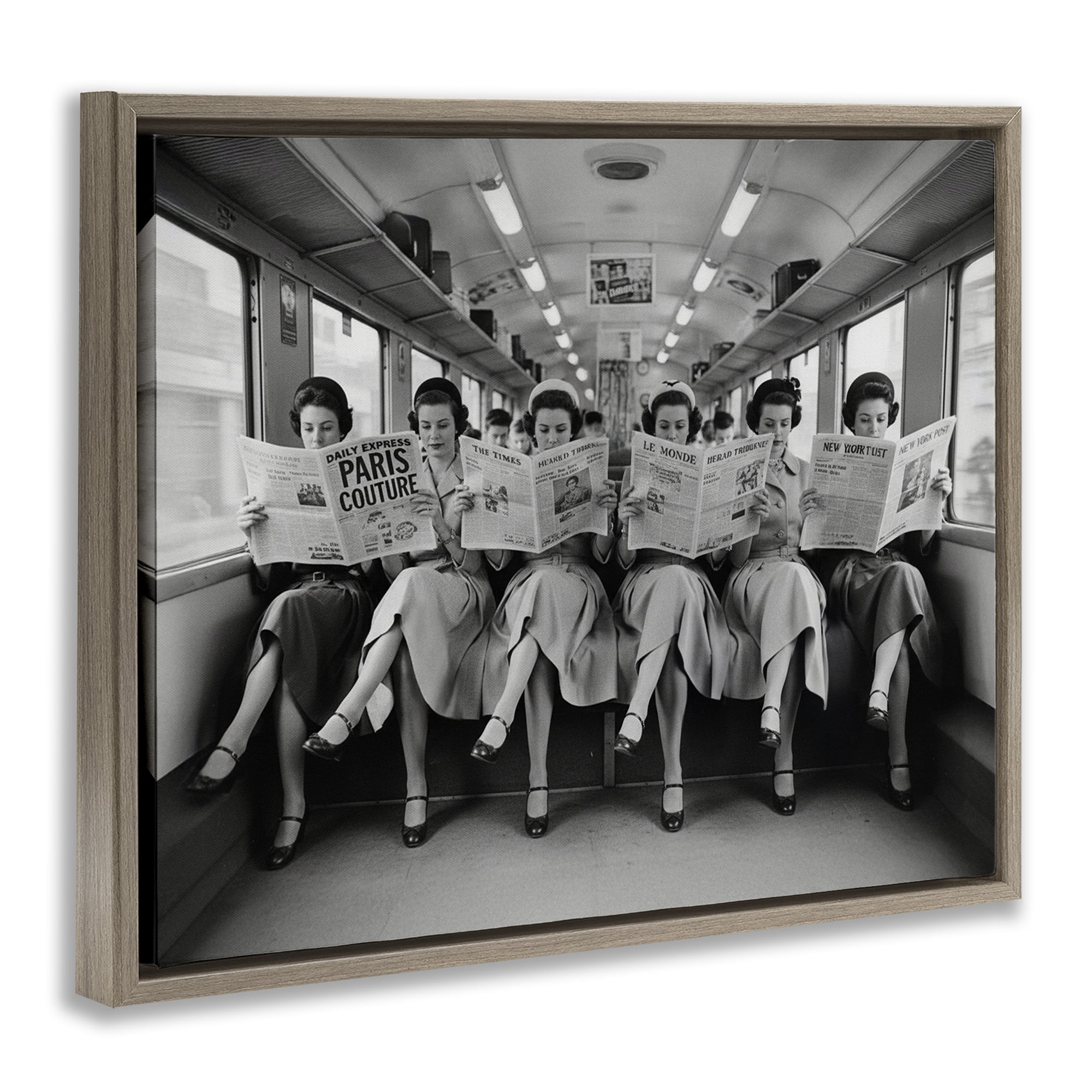 Stupell Industries Newsprint Ladies on Train Brown Framed Floater Canvas Wall Art, design by A Barefoot Stylist
