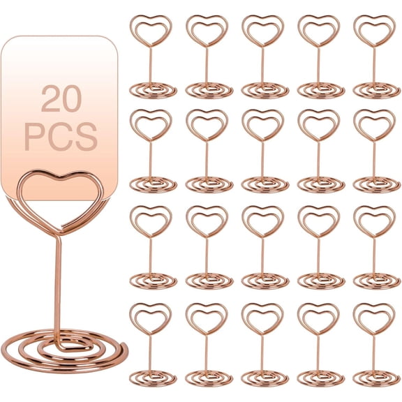 LQQBOX 20 Pcs Heart Shape Place Card Holders Table Number Stands Metal Table Card Holder Clips Wire Photo Picture Stand Note Memo Menu Clips for Wedding Rose Gold