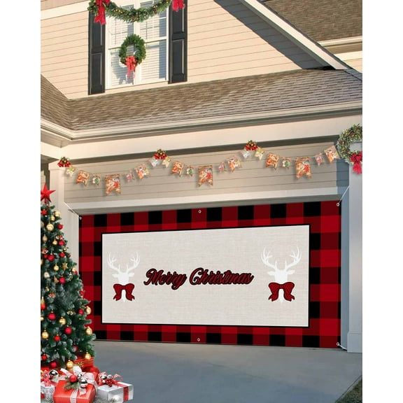 Garage Door Banner Cover 6 x 13 ft, Red and Black Plaid Merry Christmas Reindeer Silhouette Christmas Garage Door Decorations Holiday Christmas Backdrop Decor for Winter New Year Xmas Party