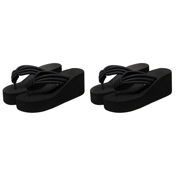 MLINS 2pcs High Heel Platform Slippers Fashion Flops Slope Non-slip Resort Beach Black Knoted Sandals for Women Female(Size 39)
