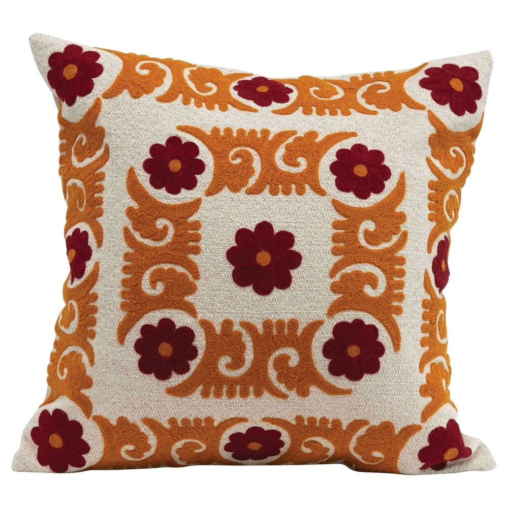 Creative Co-Op Square Floral Embroidered Cotton Pillow - Walmart.com ...