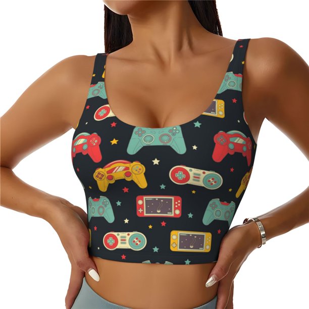 Balery Retro Video Game Sujetadores deportivos con espalda cruzada para mujer, acolchados, sin costuras, de alto impacto, ideales para yoga, gimnasio, entrenamiento y fitness.-Medium