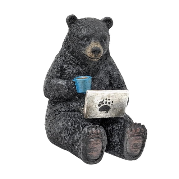 Black Bear Figurine with Computer and Coffee Rustic Wildlife Resin Statue for Cabin Office Desk Display Charming Home Dcor Gift for Nature Enthusiasts, Hunters, and Animal Figurine Collectors