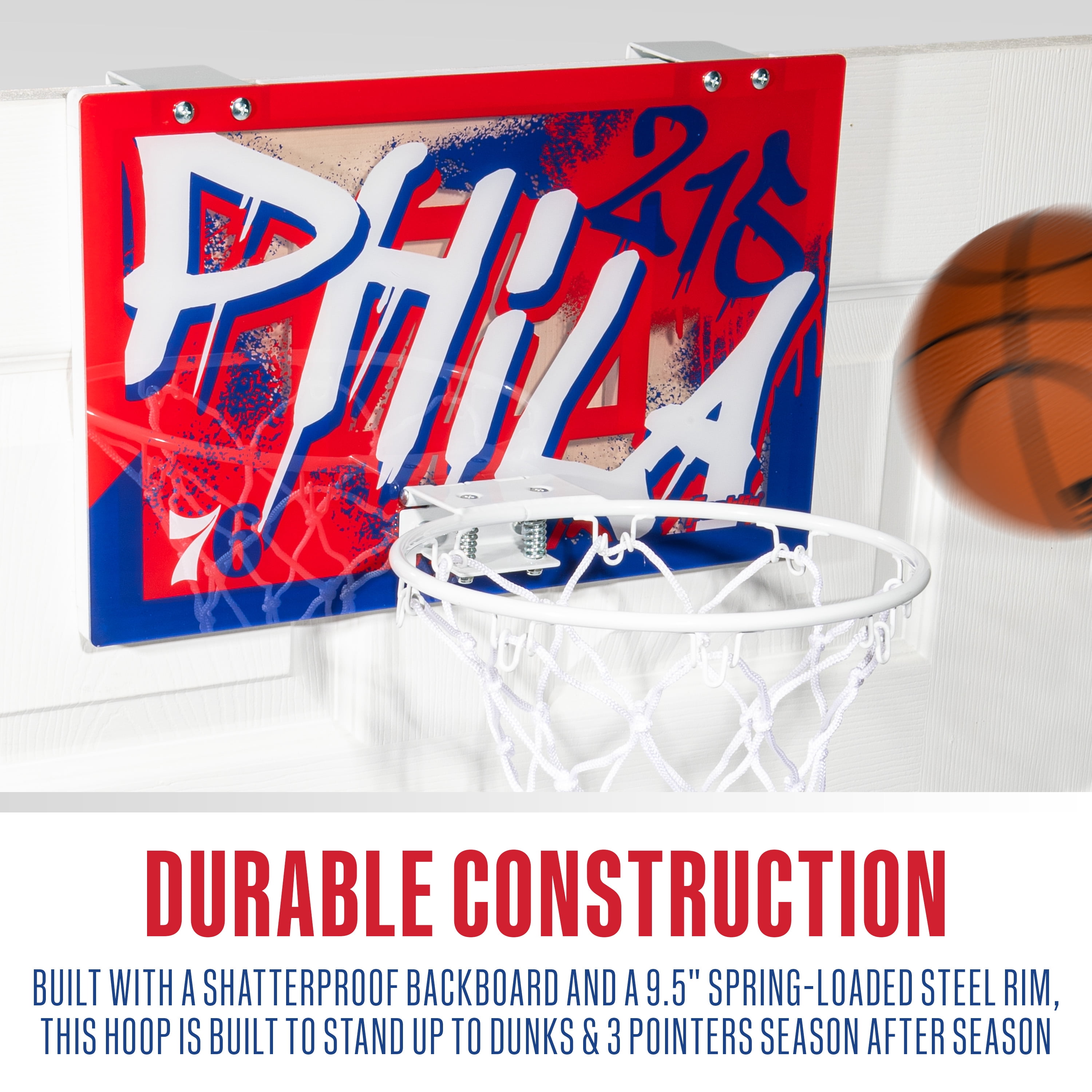Franklin Sports NBA Philadelphia 76ers Over the Door Basketball Hoop - Kids Indoor Basketball Hoop with Mini Basketball - NBA Fan Shop Mini Hoop for Bedroom + Office - Over the Door Mini Hoop Set