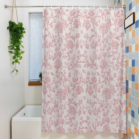 Vintage Farmhouse Pink Flower on Linen Shower Curtain for Bathroom, Spring Botanical Waterproof Shower Curtains Washable Quick Dry with Hooks Bathtub Curtains 36x72IN