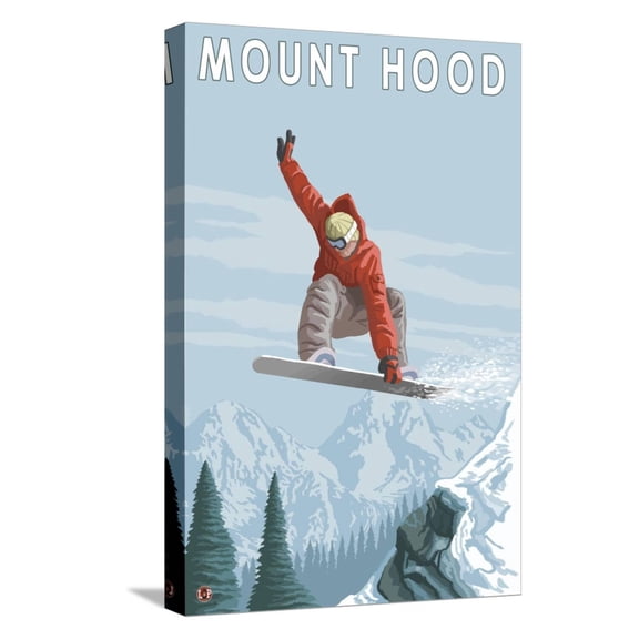 Art.com Mount Hood, Oregon, Snowboarder Jumping Stretched Canvas Print Wall Art by Lantern Press, 12" x 18"
