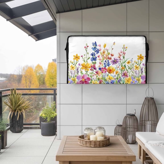 Outdoor TV Cover 58x37x4.5in, Watercolor Wildflowers in Full Bloom Weatherproof TV Screen Protector with Zipper, Summer Rustic Floral Outside Television Cover Fits Up to 60-65"