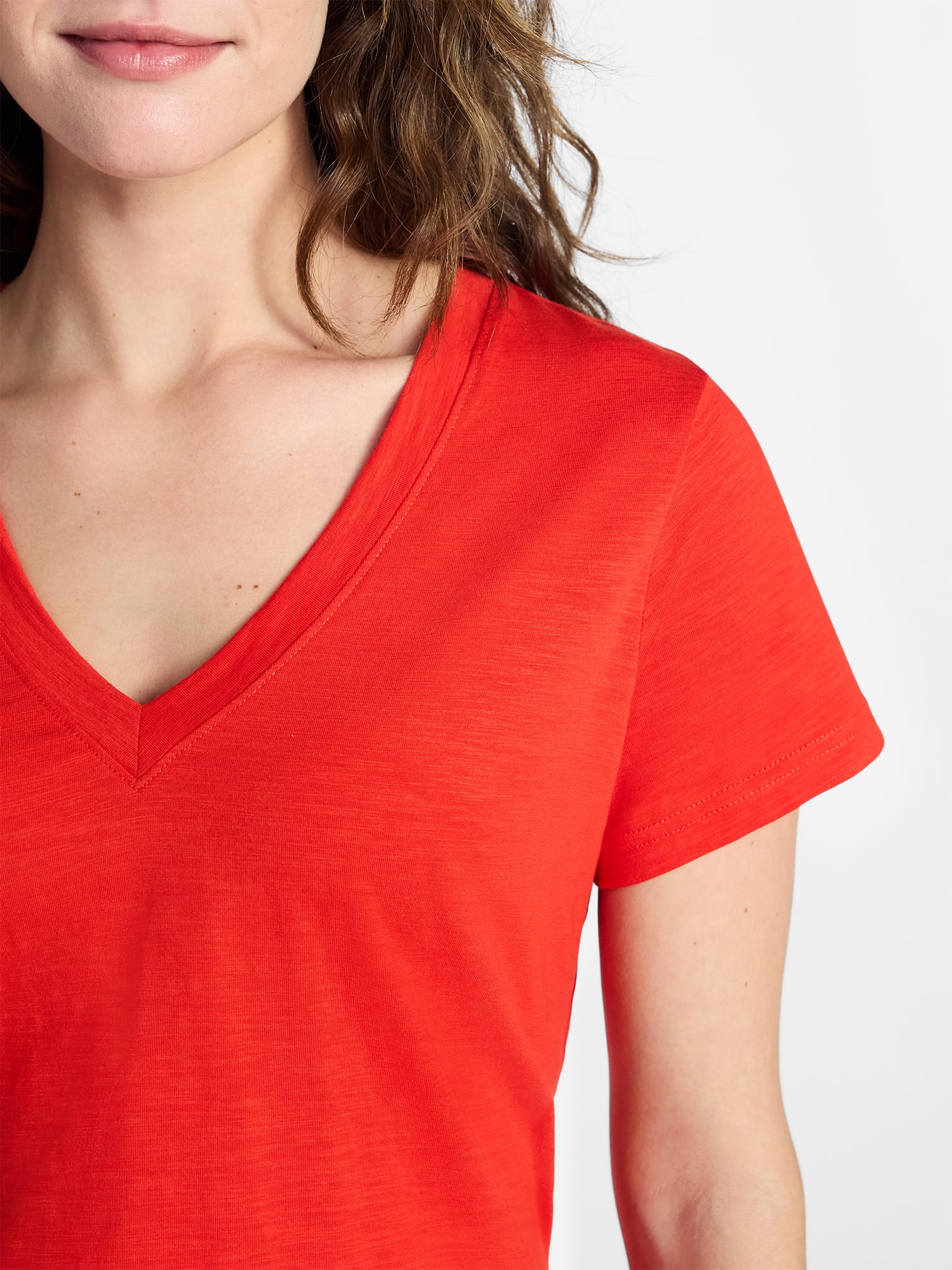 Time and Tru Women's Slub V Neck Tee with Short Sleeves, Sizes XS-XXXL