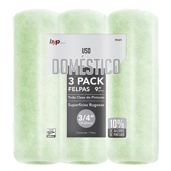 Paquete de 3 Felpas Repuestos para Rodillo Domestico 9 x 3/4 pulgadas BYP Baja Densidad