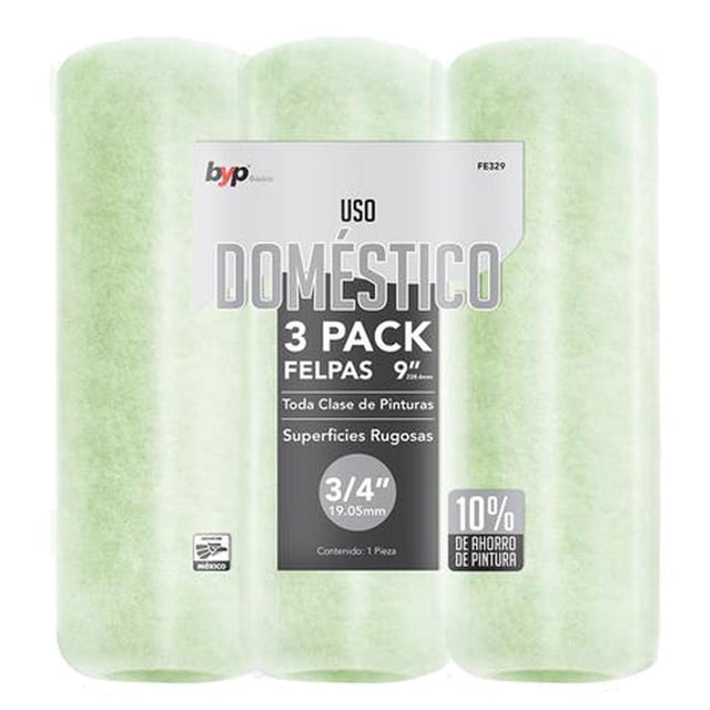 Paquete de 3 Felpas Repuestos para Rodillo Domestico 9 x 3/4 pulgadas BYP Baja Densidad